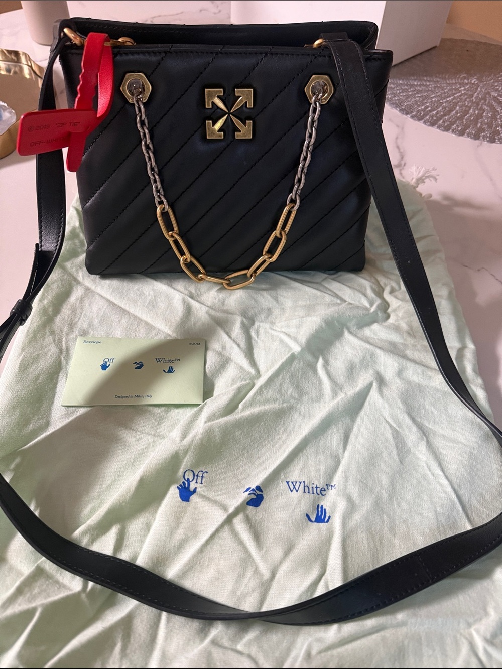Off-White Black Quilted Leather Shoulder Bag with Gold & Silver Chain